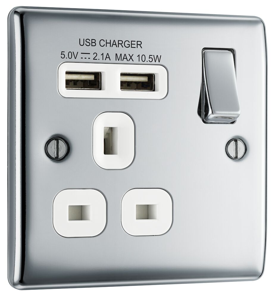 BG 1 Gang 13A Single Socket With 2 USB Ports (2.1A) Polished Chrome White Insert