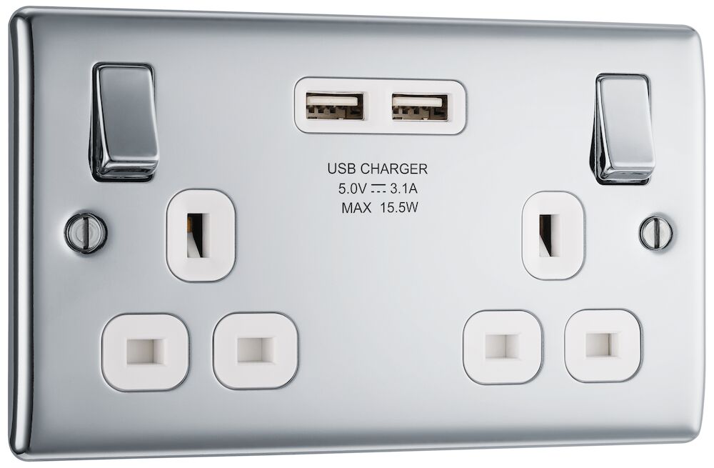 BG Nexus Metal 13A 2 Gang Double Switched Socket With 2 x USB A Ports (3.1A) Polished Chrome White Insert
