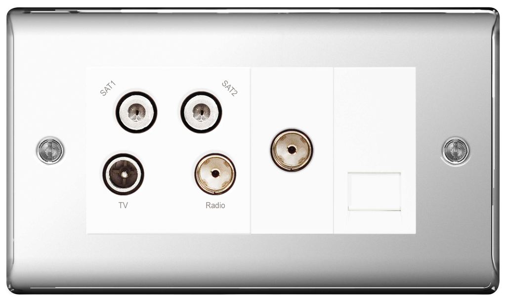 BG Quadplex TV/FM/Satellite x2 + Return With Telephone Screened Socket Polished Chrome
