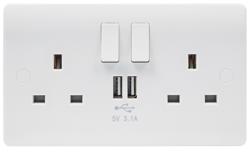 Niglon 2 Gang 13A Double Switched Socket With 2 USB Ports (3.1A) White