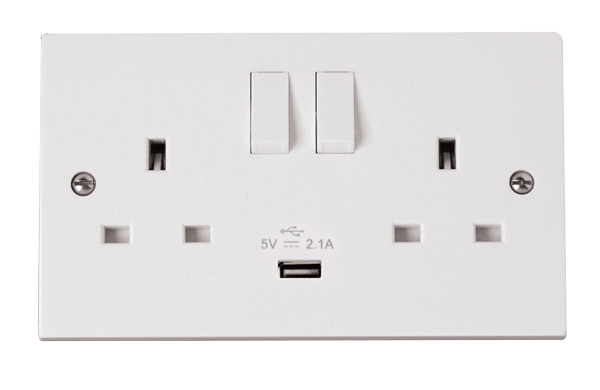 Click Polar 13A 2 Gang Switched Socket With 1 x USB-A Outlet White