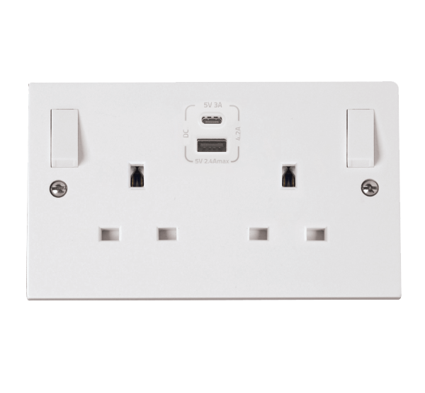 Click Polar 13A 2 Gang Switched Socket with 1 x USB-A & 1 x USB-C Outlets White