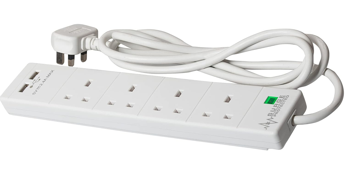 Deta Indoor 4 Gang 13A 2 Metre With 2 USB Ports Surge Protection Extension Lead