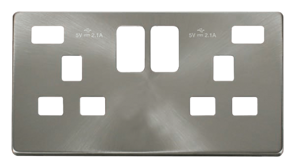 Click Definity 2 Gang DP Double Switched Socket Front Plate With 2 USB Ports (2.1A) Brushed Steel