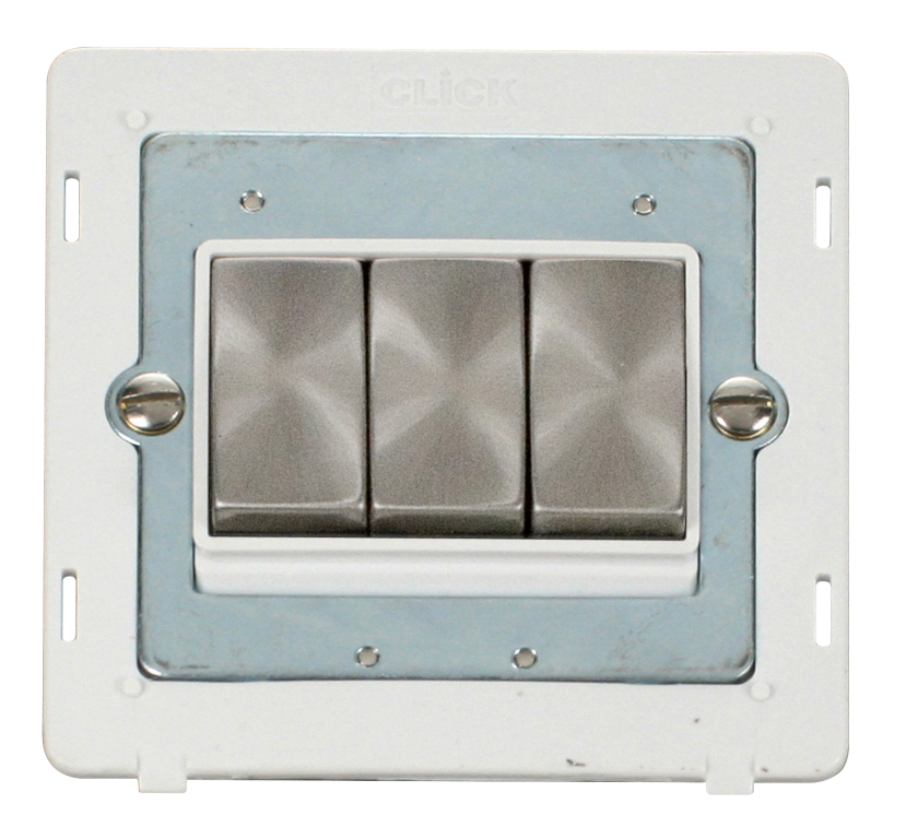 Click Definity 10A 3 Gang 2 Way Plate Switch Insert Brushed Steel with White Inserts