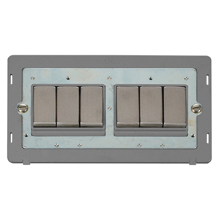 Click Definity 10A 6 Gang 2 Way Plate Switch Insert Stainless Steel with Grey Inserts