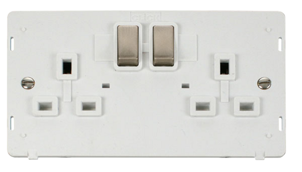 Click Definity 13A 2 Gang DP Switched Socket Insert Brushed Steel with White Inserts