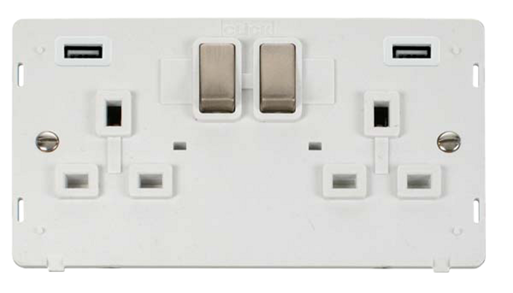 Click Definity 13A 2 Gang Switched Socket Insert with 2 x USB-A Outlets Brushed Steel with White Inserts