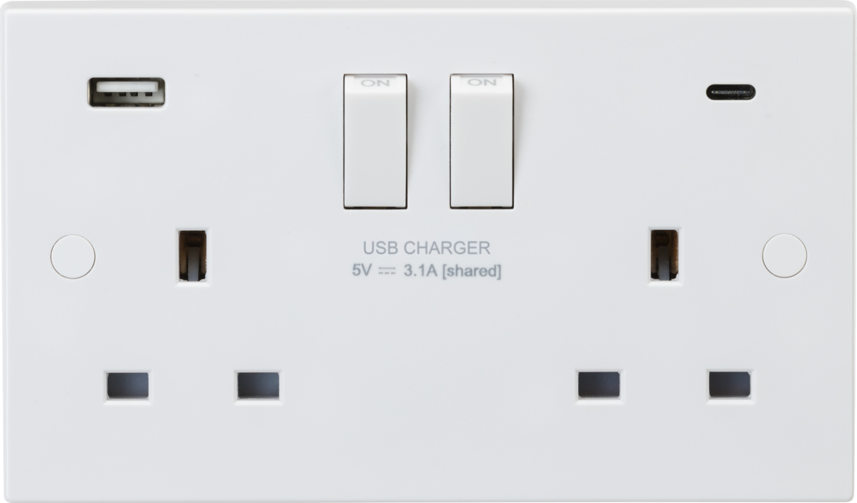 Knightsbridge Square Edge 13A 2 Gang DP Switched Socket with 2 x USB-A+C Ports (3.1A) White
