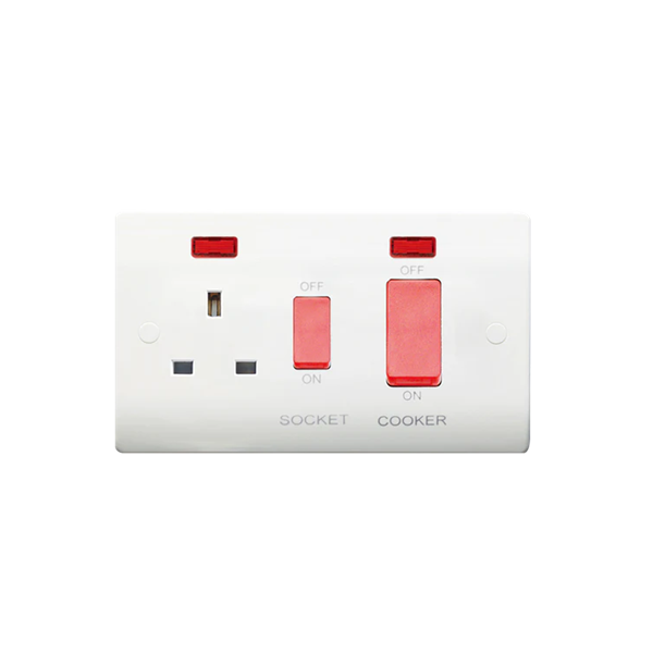 Thrion 45A Cooker Control Unit with Socket And Neons White with Red Rockers