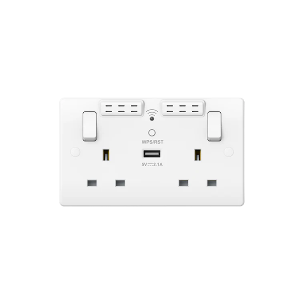 Thrion 13A 2 Gang SP Switched WiFi Extender Socket with 1 x USB-A Port (2.1A Max) White