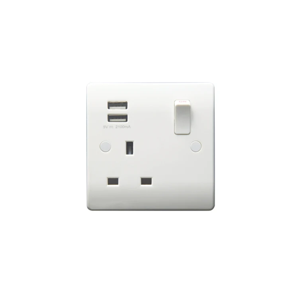 Thrion 13A 1 Gang SP Single Switched Socket with 2 x USB-A Ports (2.1A) White