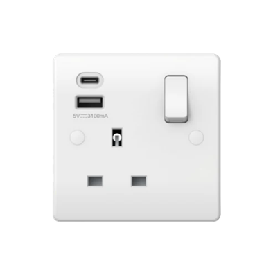 Thrion 13A 1 Gang SP Single Switched Socket with 2 x USB A+C Ports (2.1A) White