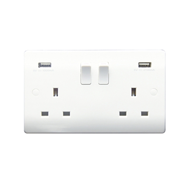 Thrion 13A 2 Gang SP Switched Socket with 2 x USB-A Ports (3.1A Max) White