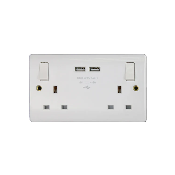 Thrion 13A 2 Gang DP Switched Socket with 2 x USB-A Ports (4.8A Max) White