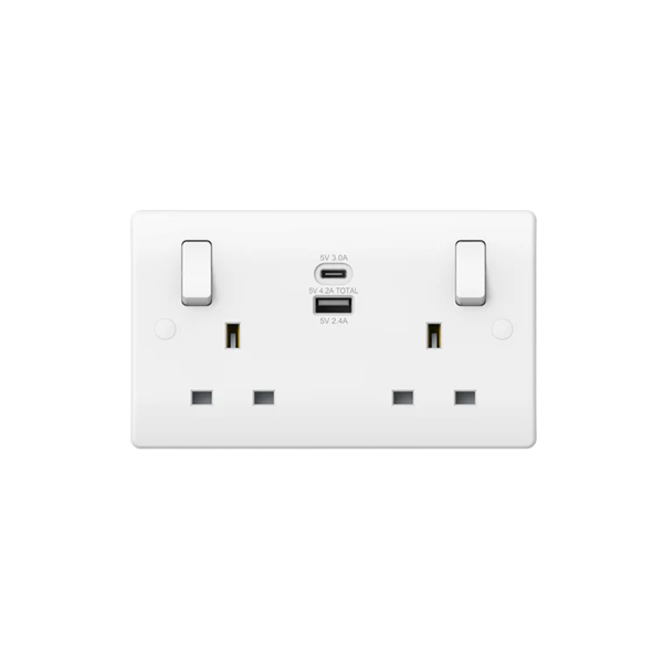 Thrion 13A 2 Gang SP Switched Socket with 1 x USB-A & 1x USB-C (4.2A) White