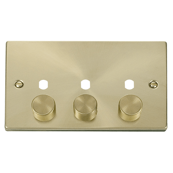 Click Deco 2 Gang 3 Aperture 1200W Dimmer Plate & Knobs Satin Brass