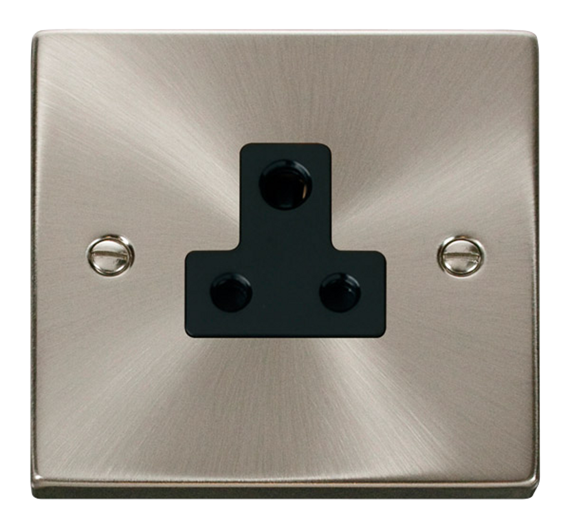 Click Deco 5A 1 Gang Unswitched Round Pin Socket Satin Chrome with Black Inserts