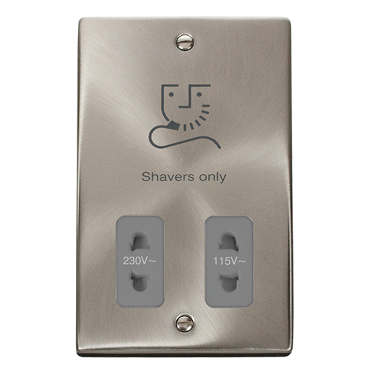Click Deco 115/230V Dual Voltage Shaver Socket Satin Chrome with Grey Inserts