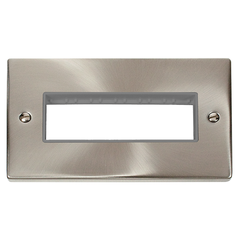 Click Deco 2 Gang 6 Inline Aperture Minigrid Unfurnished Plate Satin Chrome with Grey Inserts