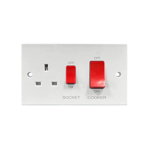 Thrion Square Edge 45A 2 Gang DP Cooker Control Unit and Socket with Red Rockers