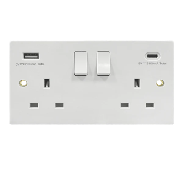 Thrion Square Edge 13A 2 Gang Switched Socket with 1xUSB A & C Outlets White