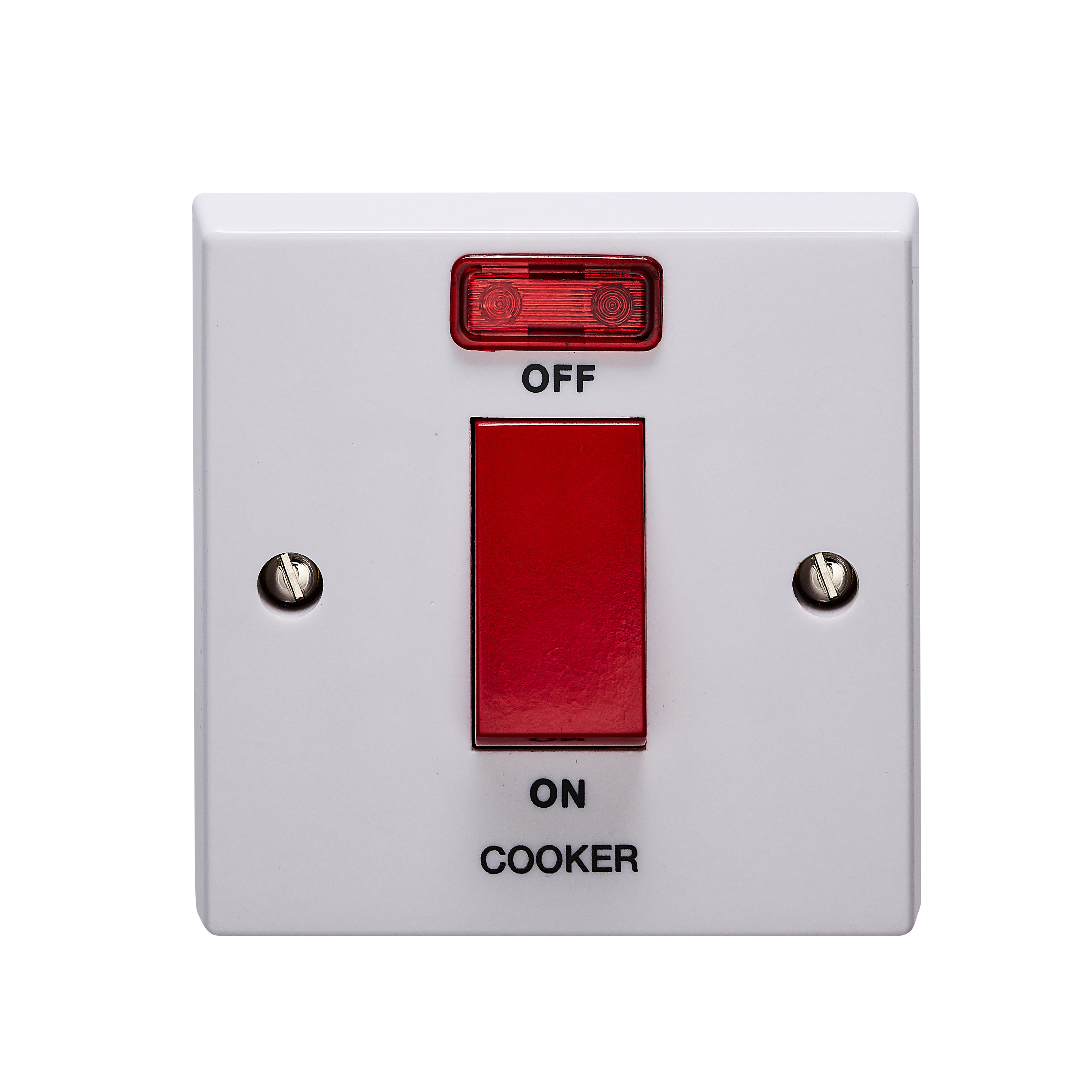 Volex 1000 Series 45A 1 Gang DP Control Switch With Neon White with Red Rocker Marked Cooker