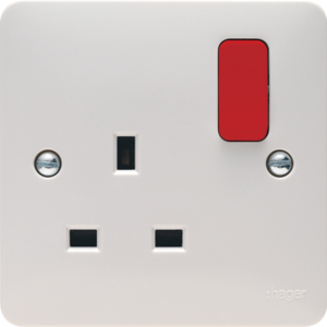 Hager Sollysta 13A 1 Gang DP Single Switched Socket White With Red Rockers