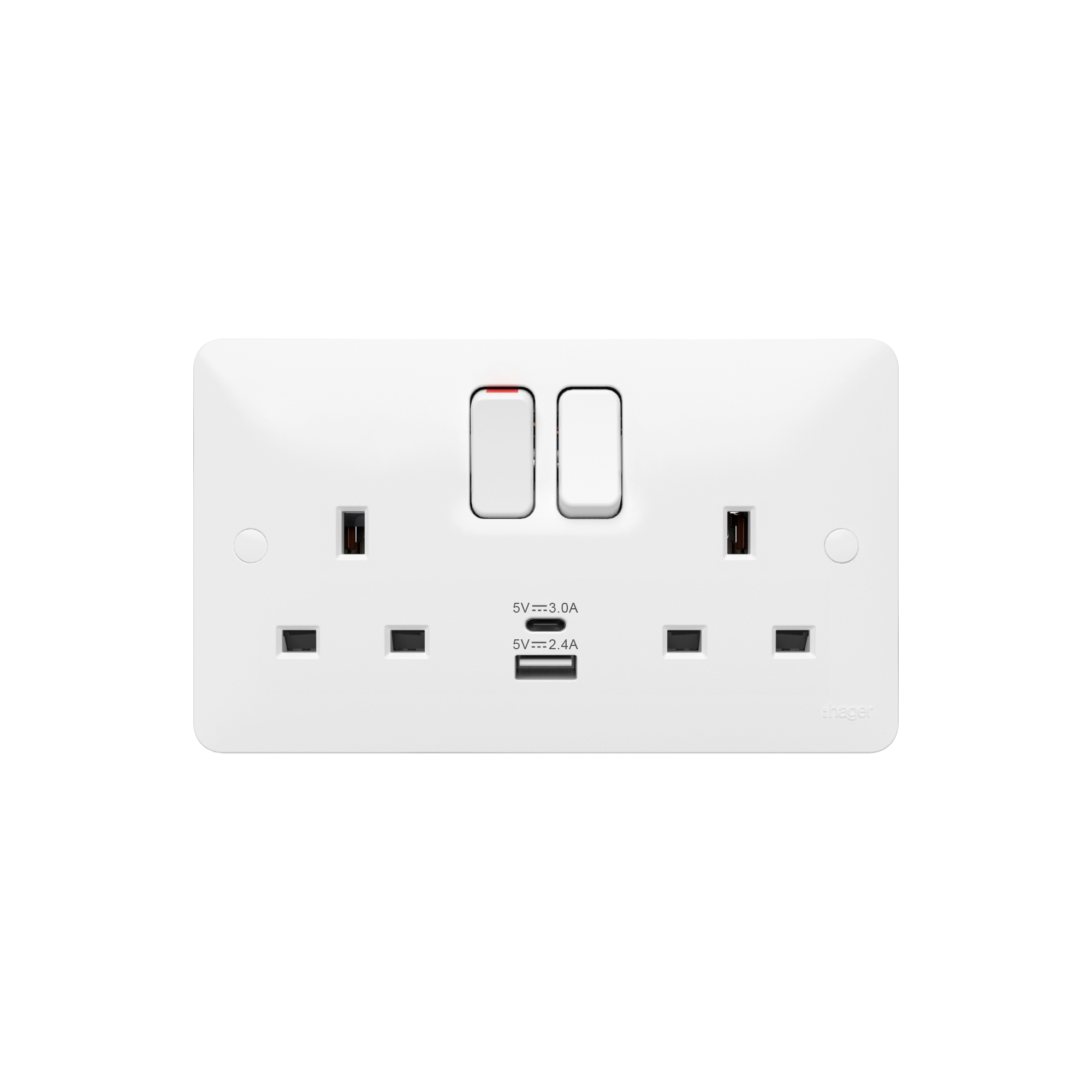 Hager Sollysta 2 Gang 13A Double Socket With 2 USB A+C Ports (2.1A) White