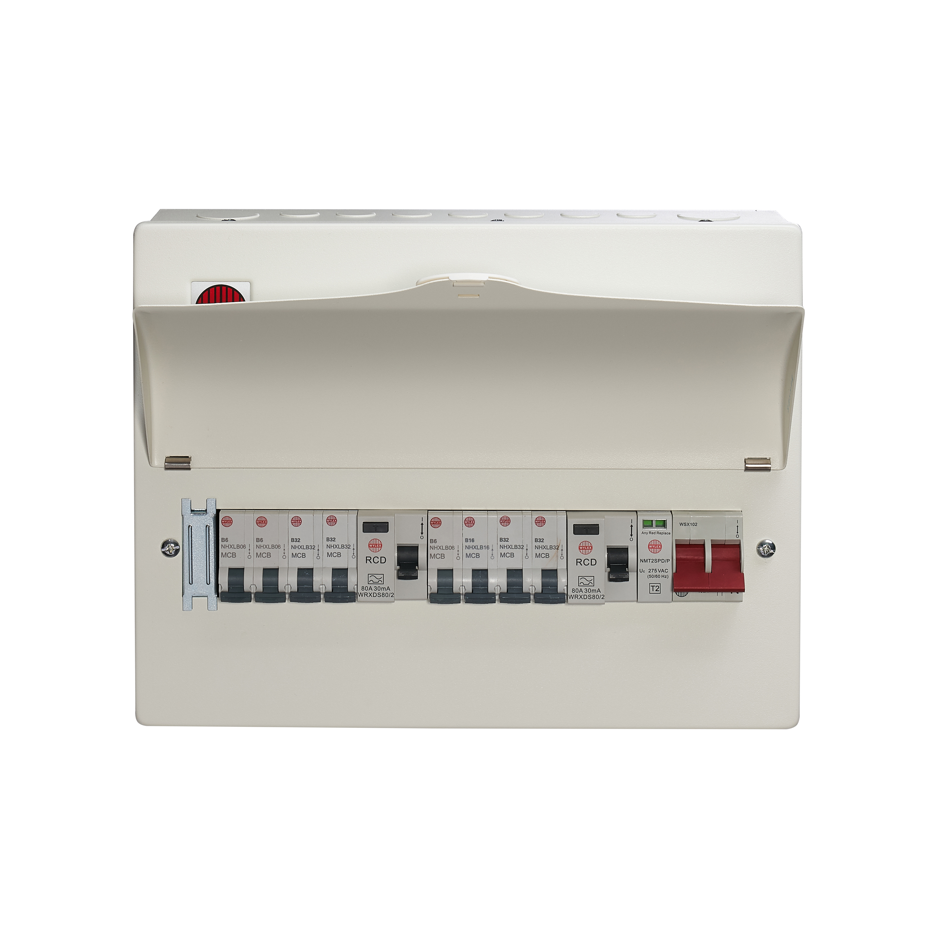 Wylex 9 Way High Integrity Consumer Unit 100A Main Switch, 80A 30mA RCDs, Flexible Configuration with SPD & 8 MCBs