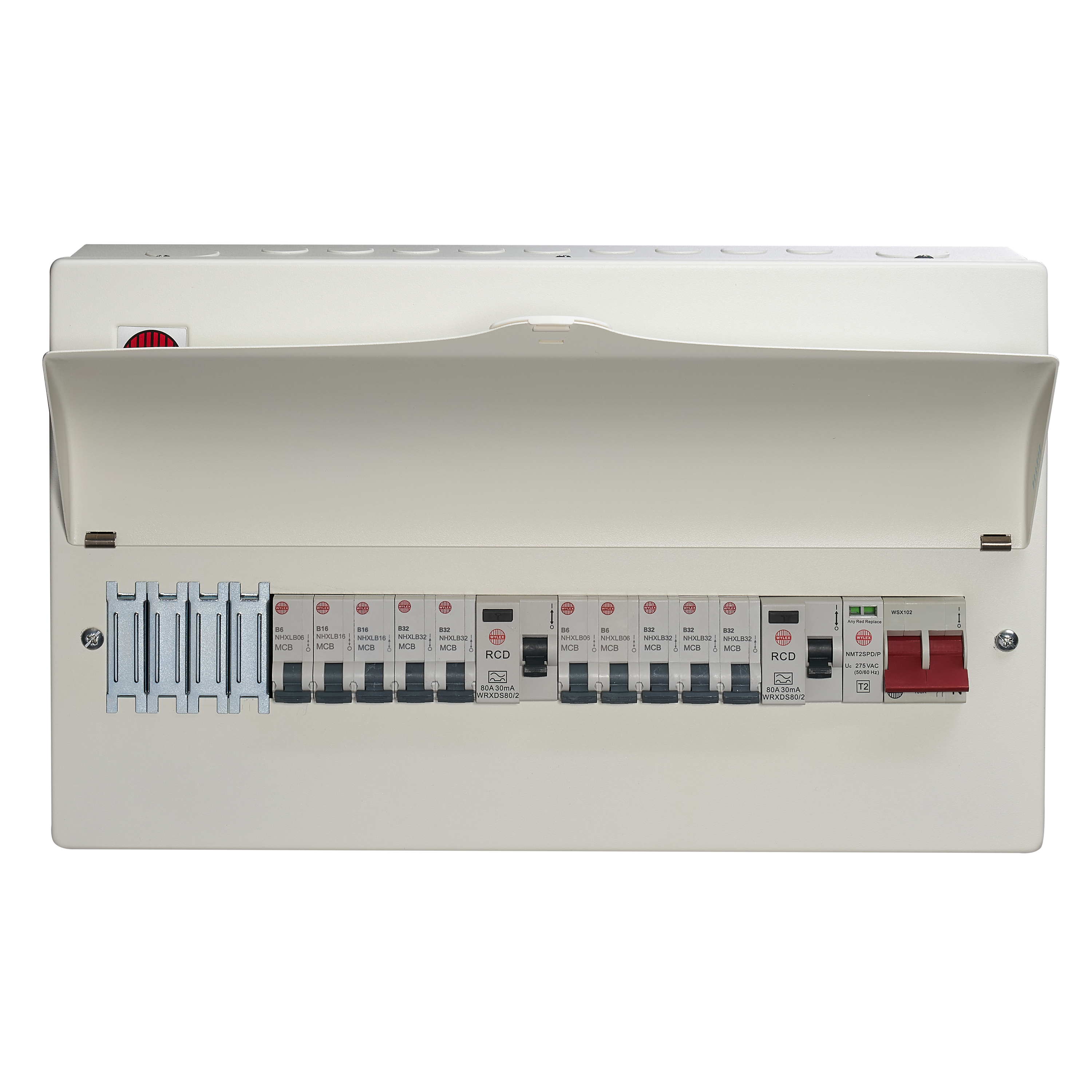 Wylex 14 Way High Integrity Consumer Unit 100A Main Switch, 80A 30mA RCDs, Flexible Configuration, with SPD & 10 MCBs